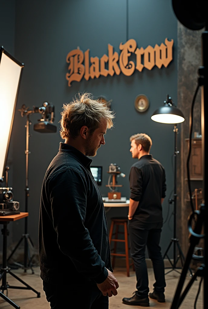 Photographic studio with 1 messy short hair man doing a photoshoot to a client. Studios name is BLACKCROW in blackletter font