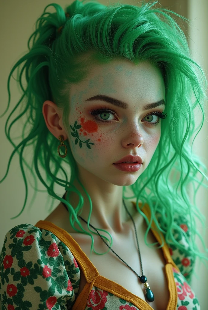 A woman with green hair, with Roman nose, high-waist, with heterochromia in the eyes, straight chin, orc teeth, and vitiligo, with 90's clothes