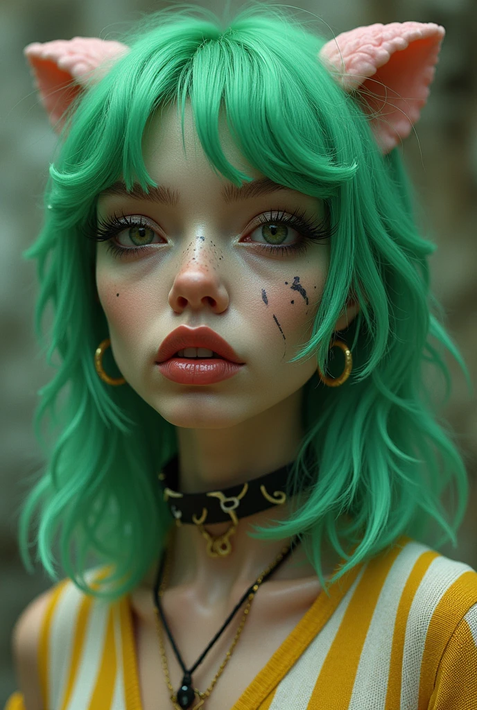 A woman with green hair, with Roman nose, high-waist, with heterochromia in the eyes, straight chin, orc teeth, and vitiligo, with 90's clothes