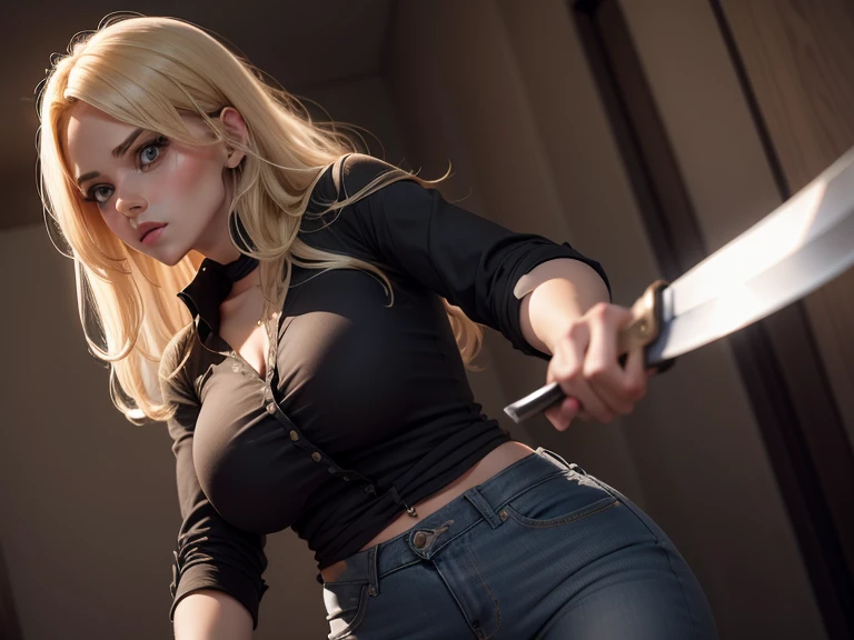 woman blonde with average hair of blouse black in jeans with one knife im hands scared