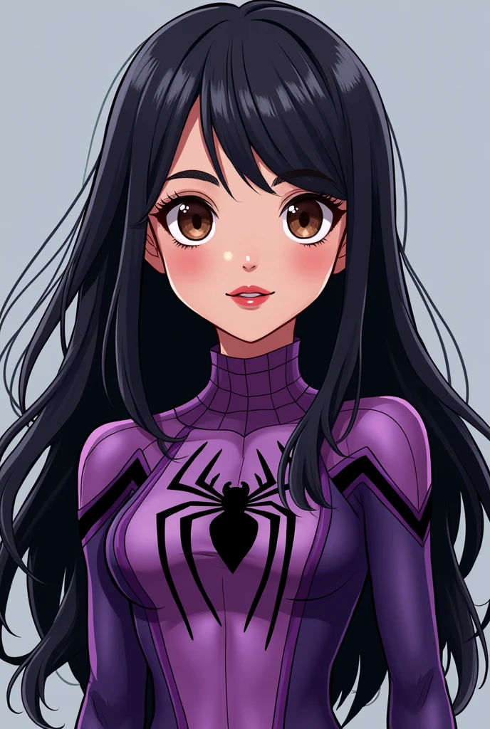 Generate image of girl in purple spiderman outfit, long black hair, pale skin, brown eyes and red lips. light and friendly smile. Comic animation