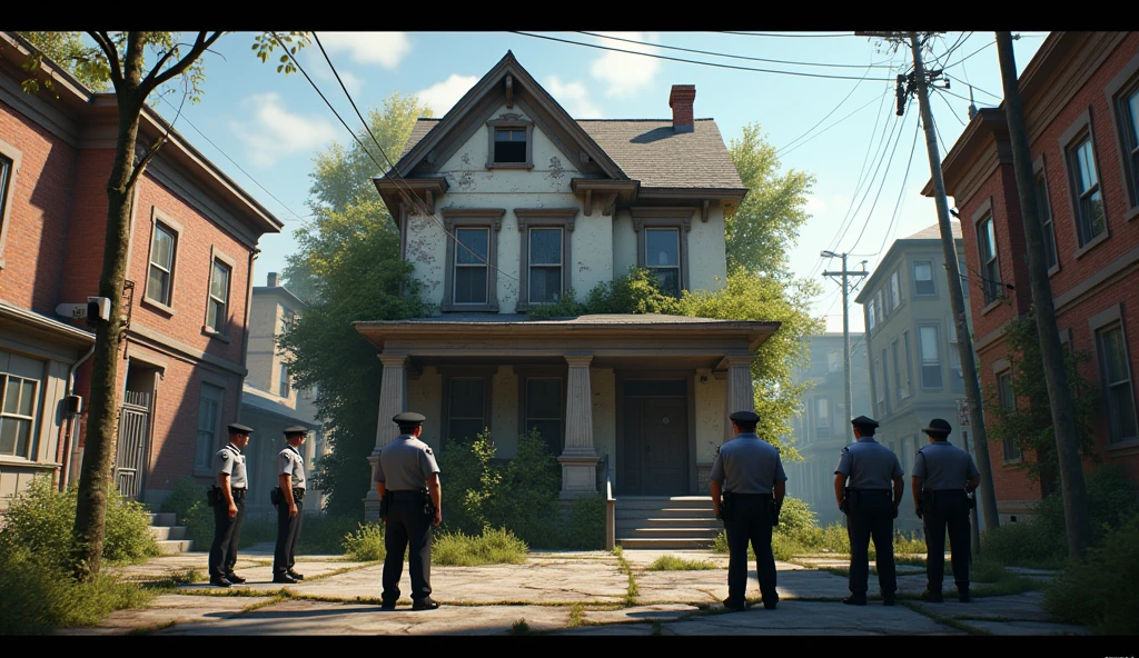 Im Stil von Pixar 3D-Animation filmen. A dirty house is surrounded by police.