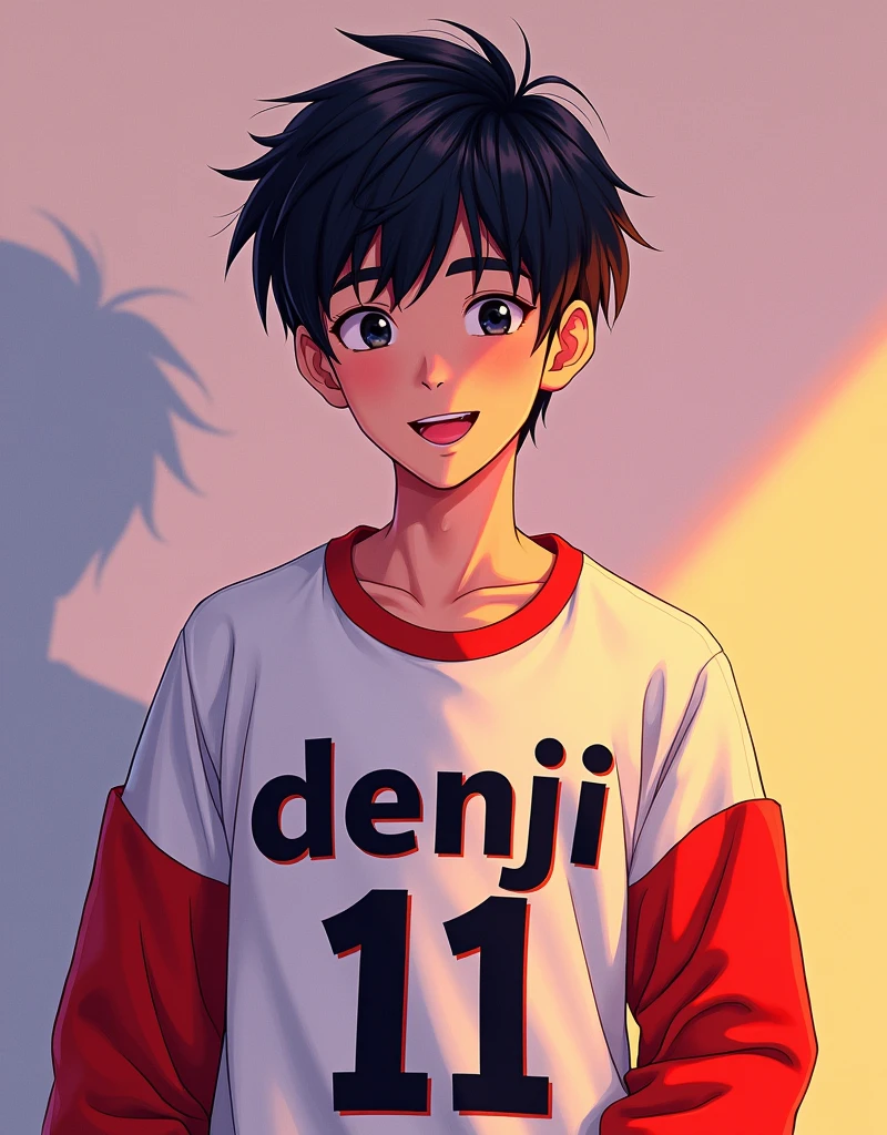 A 20-year-old boy will be wearing a shirt with 'DENJI 11' written on it 8K HD