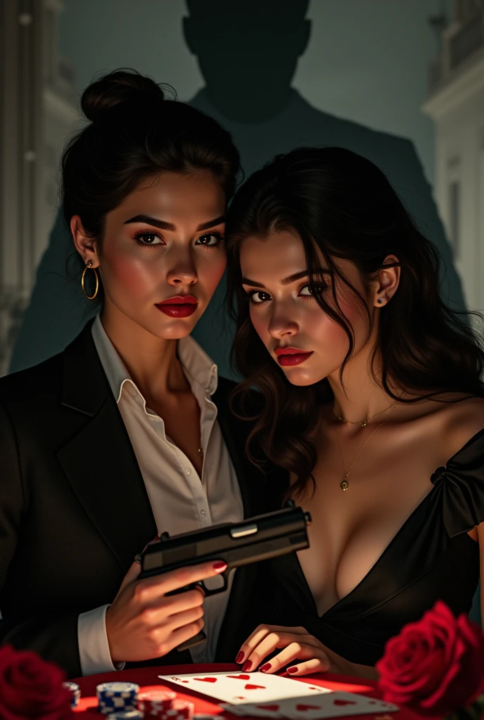 • Bottom: A dark and elegant atmosphere that represents the opulent world of the mafia. It can be a luxurious mansion with a touch of mystery, or a night street in a city with diffuse lights.
• Main Image: A close-up portrait of a 2 girl with an innocent and fearful face with a Leonardo, with Ayla in a pose that reflects her determination and vulnerability, and Leonardo showing an expression of authority and control. Both could be dressed in sophisticated clothing to reflect the mafia context..
•Additional Details: Includes subtle details like a gun, answer, poker chips and some red roses lying on the ground in the background and a shadow of an ominous figure to add an air of danger and intrigue.