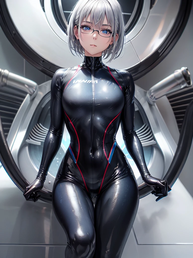 Highest quality 8K UHD、Mastepiece、Close-up、short hair、Muscular、Blue Eyes、Silver Hair、Glasses、Leg spread、A beautiful woman wearing a sleek all-black metallic suit、Full body black metallic rubber suit