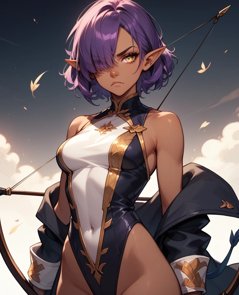 1girl, solo, ((dark skin)), purple hair, bangs, hair over one eye, medium short hair, medium breasts, pointy ears, sharp eyes, gold eyes, serious face, leotard, navel line, ((highleg leotard)), coat, Bow and arrow, face close up, 