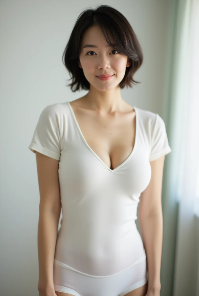 Cute Japanese 40-year-old woman、short hair、White tightTshirt、Nipples showing through、White underwear、