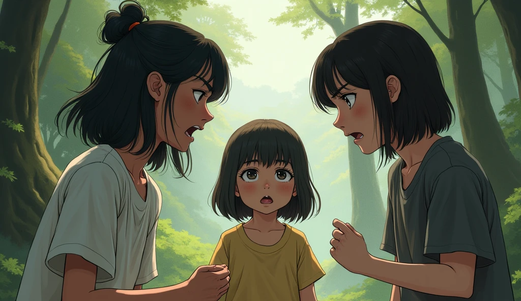 Illustrate the emotional tension between two sisters, with one being excessively competitive and the other struggling to avoid conflict. Use a style reminiscent of Princess Mononoke to show the older sister feeling constrained and the younger sister aggressively seeking competition. The middle child is depicted as a passive observer, caught between the two. The background should highlight the rivalry and discomfort.