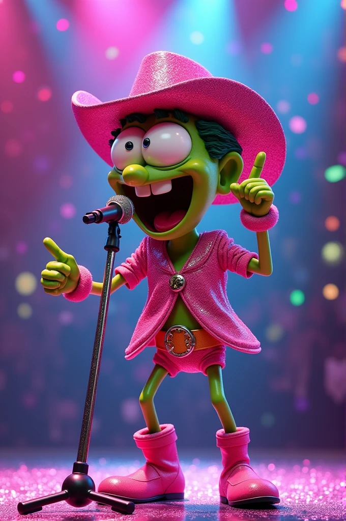 Imagine Plankton from SpongeBob SquarePants singing energetically on a dazzling stage, dressed in a sparkly pink cowgirl outfit and pink glitter cowgirl hat. He is shouting excitedly into a microphone on a pedestal, as the glitter sparkles under vibrant colored lights. The background should be a spectacle of lights and visual effects, Reflecting the energy of a POP concert. Capture the joy and dynamics of the scene, with sharp details on SpongeBob's suit and a strong contrast between the bright pink and the multicoloured environment. Make sure the visual aesthetic is fun and engaging, evoking the excitement of a musical performance