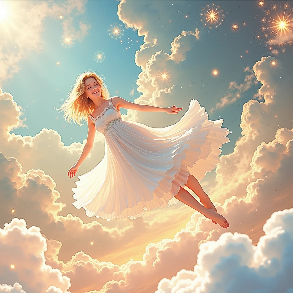 masterpiece, best quality, movie still, 1girl, cloud girl, floating in the sky, close-up, bright, happy, warm soft lighting, sunset, (sparks:0.7)