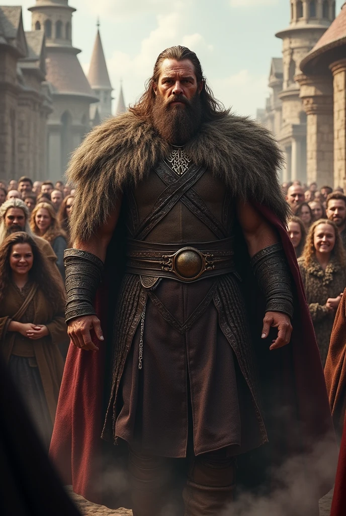 Jarl, In the end, .The people, seeing the return of his true Jarl, He received him with joy and respect. He was no longer the same man who had been banished..But make him less old and stronger with brown hair and muscle