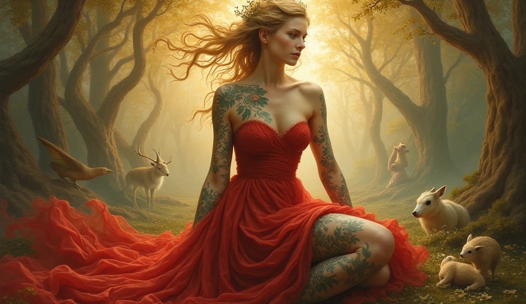 Aurora's Awakening: A museum-quality painting in the style of Leonardo da Vinci, featuring a serene and captivating full-body portrait of a woman clad in a stunning red dress and stockings. Her skin is adorned with intricate, photorealistic tattoos depicting the Garden of Eden.
Adam and Eve are tenderly entwined around her left ankle, while the Tree of Knowledge rises from her right shoulder like a verdant crown. Various animals - deer, birds, and serpents - mingle amidst lush foliage on her arms and torso. The woman's pose exudes tranquility, as if she's emerged from the Garden itself.
The soft, golden-hued background glows with an ethereal light, subtly illuminated by lens flares that evoke a sense of divine presence. Every detail is meticulously rendered in the highest quality, from the red dress's luxurious texture to the delicate patterns on her stockings. The overall effect is one of breathtaking beauty, as if the very essence of femininity has been distilled onto the canvas.
Composition: 0.618:1 (Golden Ratio) ensures harmony and balance in this masterpiece, with the woman's figure forming the central axis. The tattoos' intricate details are expertly woven into her skin, creating a sense of depth and dimensionality that draws the viewer's eye.
Resolution: A high-definition masterpiece, achieved through an ultra-fine level of detail that invites the viewer to explore every aspect of this captivating work.