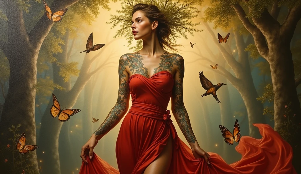 Aurora's Awakening: A museum-quality painting in the style of Leonardo da Vinci, featuring a serene and captivating full-body portrait of a woman clad in a stunning red dress and stockings. Her skin is adorned with intricate, photorealistic tattoos depicting the Garden of Eden.
Adam and Eve are tenderly entwined around her left ankle, while the Tree of Knowledge rises from her right shoulder like a verdant crown. Various animals - deer, birds, and serpents - mingle amidst lush foliage on her arms and torso. The woman's pose exudes tranquility, as if she's emerged from the Garden itself.
The soft, golden-hued background glows with an ethereal light, subtly illuminated by lens flares that evoke a sense of divine presence. Every detail is meticulously rendered in the highest quality, from the red dress's luxurious texture to the delicate patterns on her stockings. The overall effect is one of breathtaking beauty, as if the very essence of femininity has been distilled onto the canvas.
Composition: 0.618:1 (Golden Ratio) ensures harmony and balance in this masterpiece, with the woman's figure forming the central axis. The tattoos' intricate details are expertly woven into her skin, creating a sense of depth and dimensionality that draws the viewer's eye.
Resolution: A high-definition masterpiece, achieved through an ultra-fine level of detail that invites the viewer to explore every aspect of this captivating work.