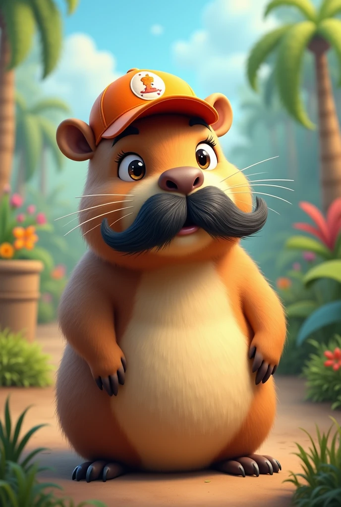 A capybara wearing a mustache and a cartoon cap