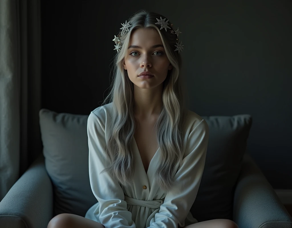 Girl sits elegantly on a modern soft chair, looks straight, Sits up straight, against the backdrop of a dark bedroom, light gray long hair, good lighting, realistically, photo, hair ornaments small silver barrettes and clips in the shape of stars and moons, the decorations sparkle and shine