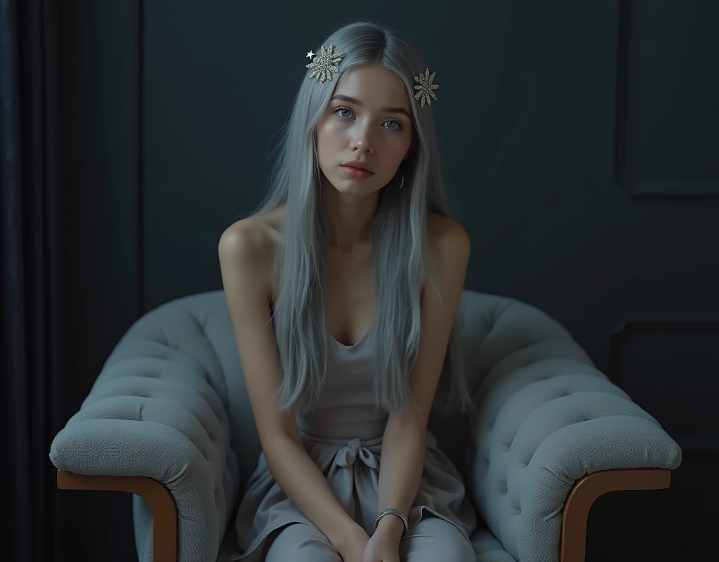 Girl sits elegantly on a modern soft chair, looks straight, Sits up straight, against the backdrop of a dark bedroom, light gray long hair, good lighting, realistically, photo, hair ornaments small silver barrettes and clips in the shape of stars and moons, the decorations sparkle and shine