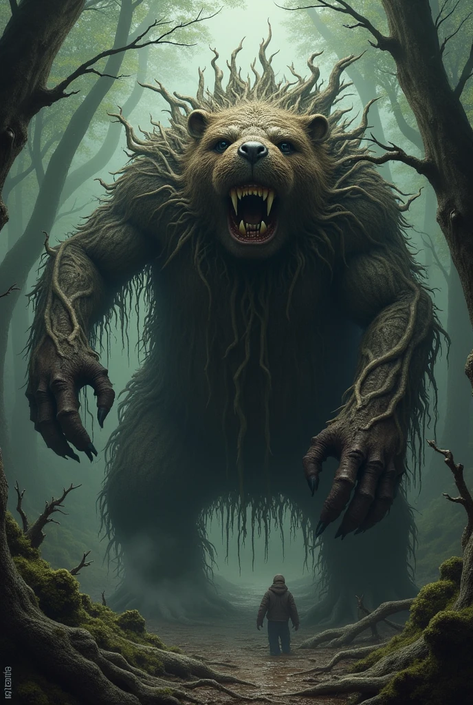 A Frankenstine-style monster kaijin fused with a beaver and a tree and its roots in a terrifying, sinister and disgusting way with no eyes