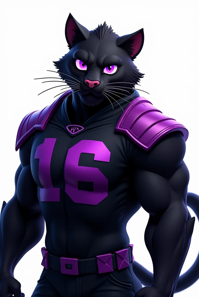 Black panther animal with purple eyes black shirt with purple details with the number six printed on the shirt in animation with a white background 