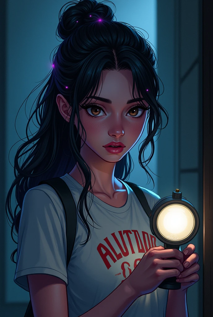 20 year old woman with mysterious expression, she has long, very dark hair, with a few purple lighting points. dark brown eyes, she usually has a loose bun, de corpo inteiro, with a summer camp t-shirt that says Alto da Serra in red, with a flashlight in his hand unraveling the mystery, It has a kind of dark academia style, no back ground, dc comic art style