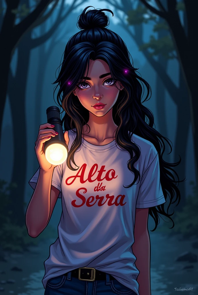 20 year old woman with mysterious expression, she has long, very dark hair, with a few purple lighting points. dark brown eyes, she usually has a loose bun, de corpo inteiro, with a summer camp t-shirt that says Alto da Serra in red, with a flashlight in his hand unraveling the mystery, It has a kind of dark academia style, no back ground, dc comic art style