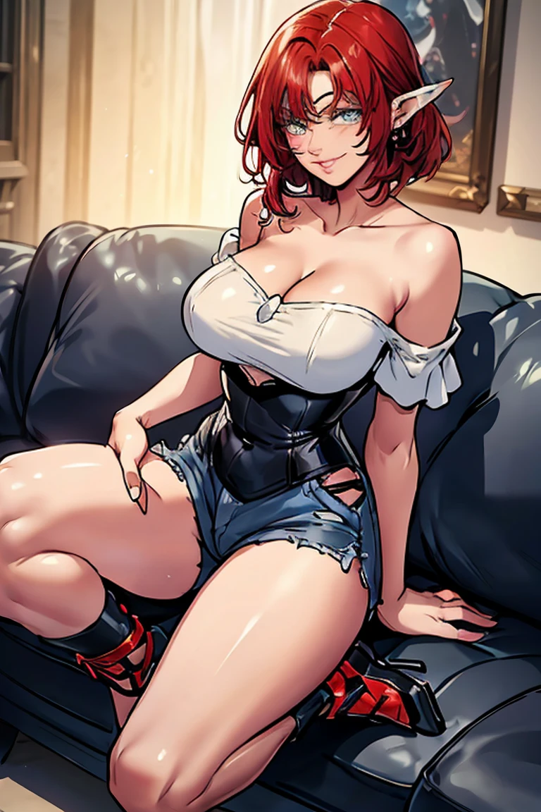 1girl, beautiful elf woman, ((Short Red Hair, Straight, has shine)) Blue eyes, double eyelids, light effect on eyes, detailed irises, beautiful curvy body, glasses, ((White Off the Shoulder Shirt, Sleeveless, Strapless)), blue denim mini shorts, black high heels, ((Work of art, hyper-realistic, hyper detailed, Best Quality, 16k, light and shadow on skin, vivid colors)) ((laying on side on leather couch in dimly lit room)), ((Hands cupping breasts)) Lustful Expression, perfect lips, sexy mature face, lots of freckles all over body, full pouty lips, extreme blush, sensual smile, night time, moonlit sky, ((Front View)), ((Full body shot)), breasts are covered, Lustful flirty smile at viewer