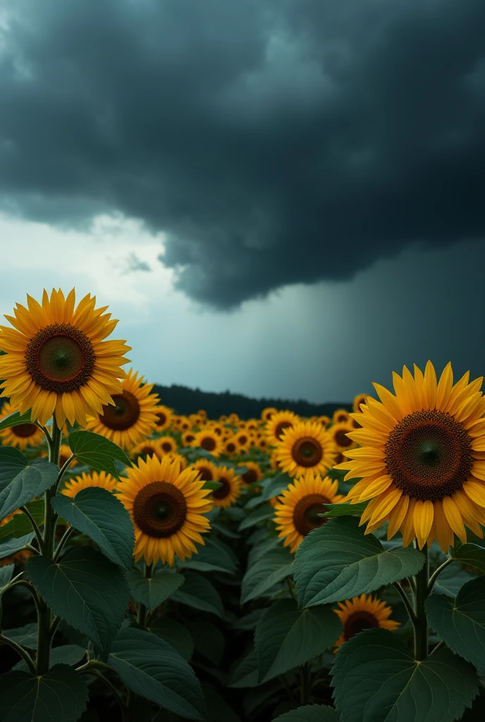 Wallpaper with a field of sunflowers during a thunderstorm without lightning. Sunflowers take up two thirds of the picture