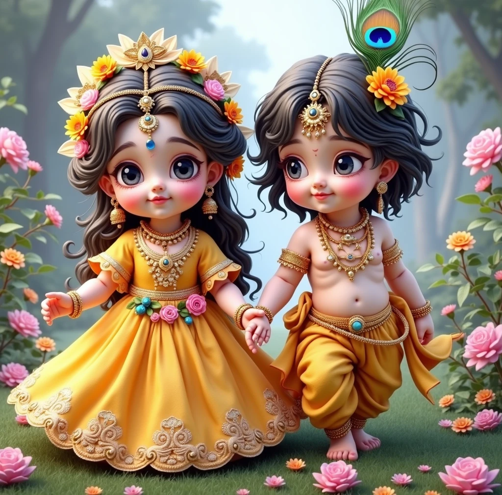 cute young Radha and Krishna,children playing,peacock feather in hair,vibrant colors,soft lighting,ornate jewelry,detailed facial features,serene expression,pastoral setting,lush greenery,idyllic scene,intricate textile patterns,shimmering gold accents,whimsical atmosphere,masterpiece,photorealistic,8k,extremely detailed