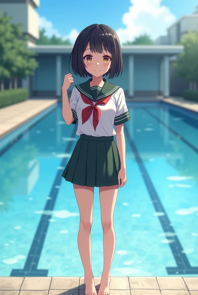 Standing by the empty school pool、 girls、Black short hair、uniform、Shaved pussy、barefoot、cute、smile、Full body portrait