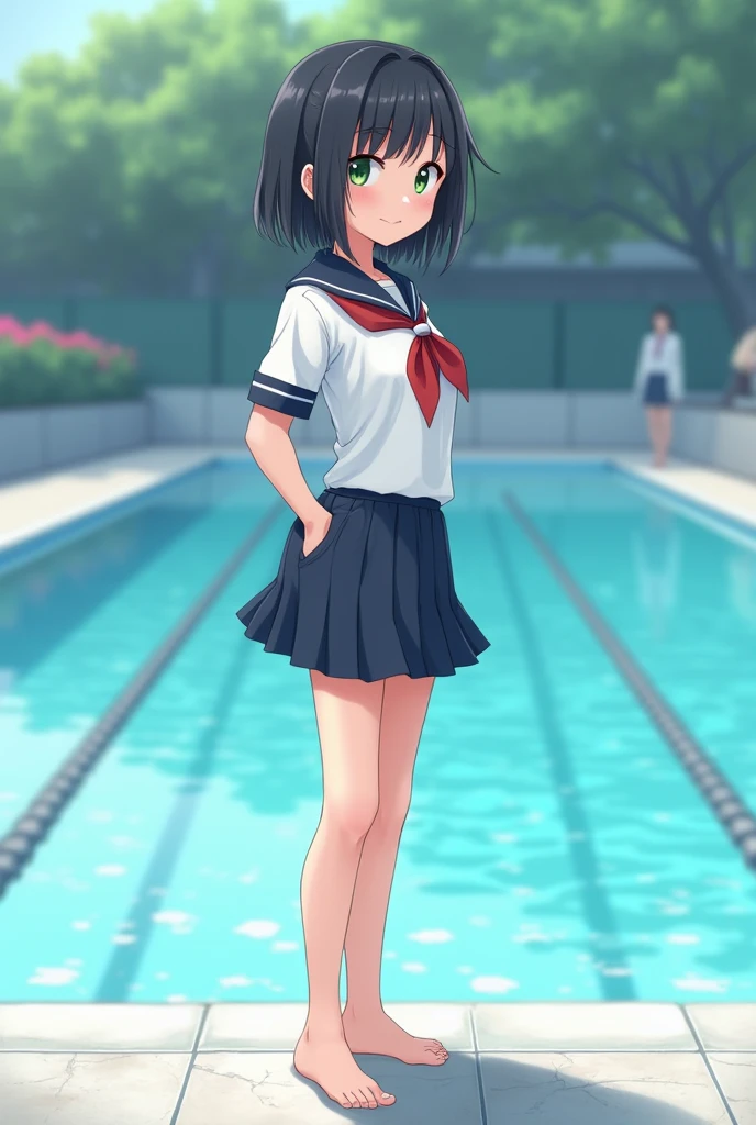 Standing by the empty school pool、middle School girls、Black short hair、uniform、Shaved pussy、barefoot、cute、smile、Full body portrait
