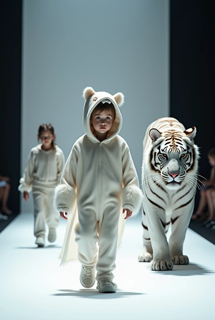 Fashion show with a child dressed up as a white tiger while at the same time the real tiger parades alongside. Ultra-realistic image 