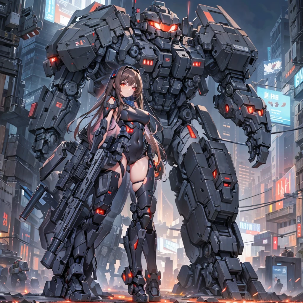 high resolution、Detailed drawing、Beautiful background、NOD、Lapi、cute、sexy、Black Beret、(Brown Hair、semi-long、Straight Hair)、Black leotard、Open chest、One Girl、(hk416、rifle、Gun of the Future)、Strengthen the outer frame、Medium sized breasts、Holding a gun、Fighting Pose、Android、Mechanical Body、(Futuristic sci-fi background、A giant combat robot in the background)、Cool Beauty、Red glowing eyes、Sideboob、Kneel on the ground、High leg、Cleft in the