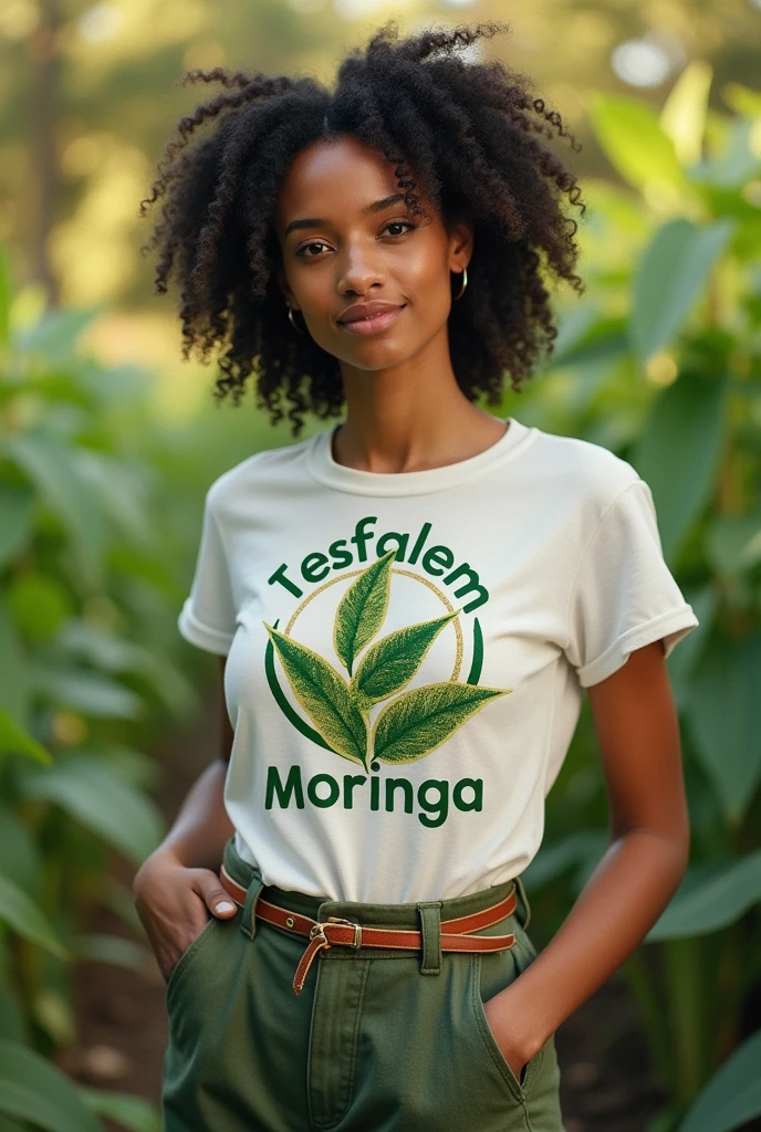 Hot sexey woman drinking moringa wearing Tesfalem moringa t-shirt