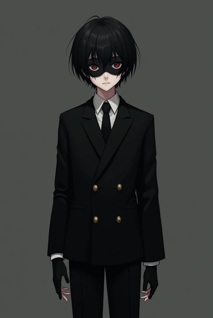 boy with short black hair, pale skin and red eyes, a black double-breasted suit over a pinstripe dress shirt. a thin black tie that stays tight around his neck. Pointed toe shoes and black fingerless gloves. A white mask. 