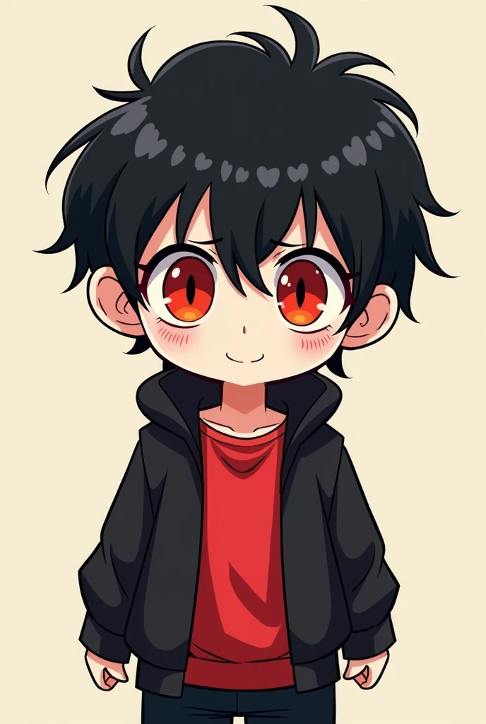 1. One man 2. Chibi figure 3. Red inner shirt 4. Black sweater 5. red eyes 6. ผมสีดำ