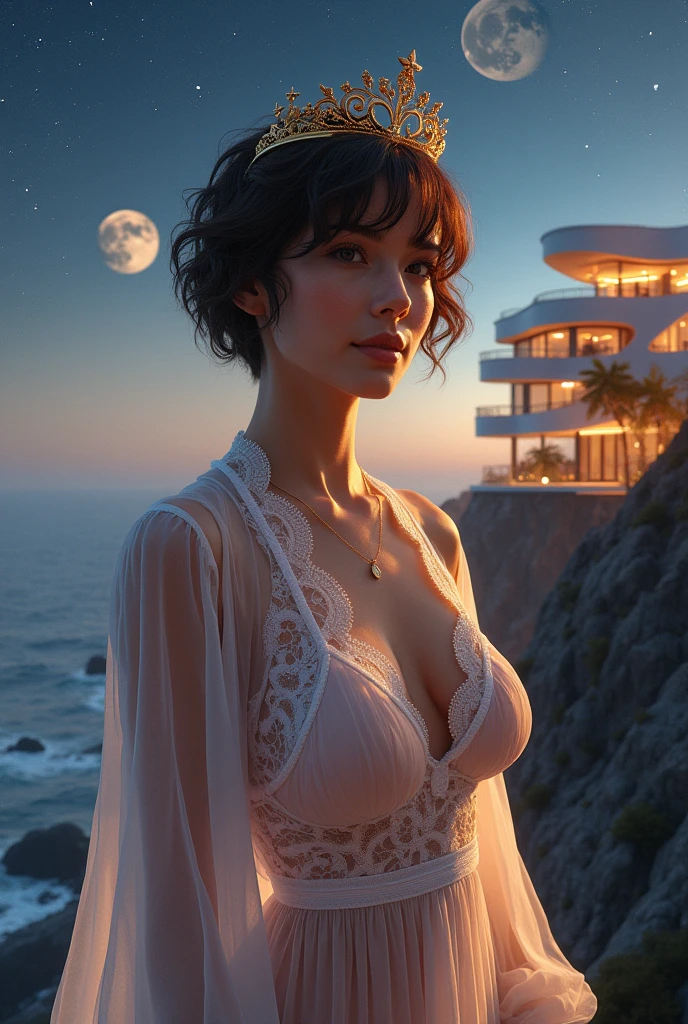 
Image of a sexy woman with short brown hair, 3, size 42DD for large breasts, in the background a three-story house with a futuristic design with a starry background and two moons, She wears a crown like a beauty queen, The house has a view of the ocean from the mountains. wear a lace robe-style nightgown, Very transparent short and sexy white lace with gold star and planet details.
