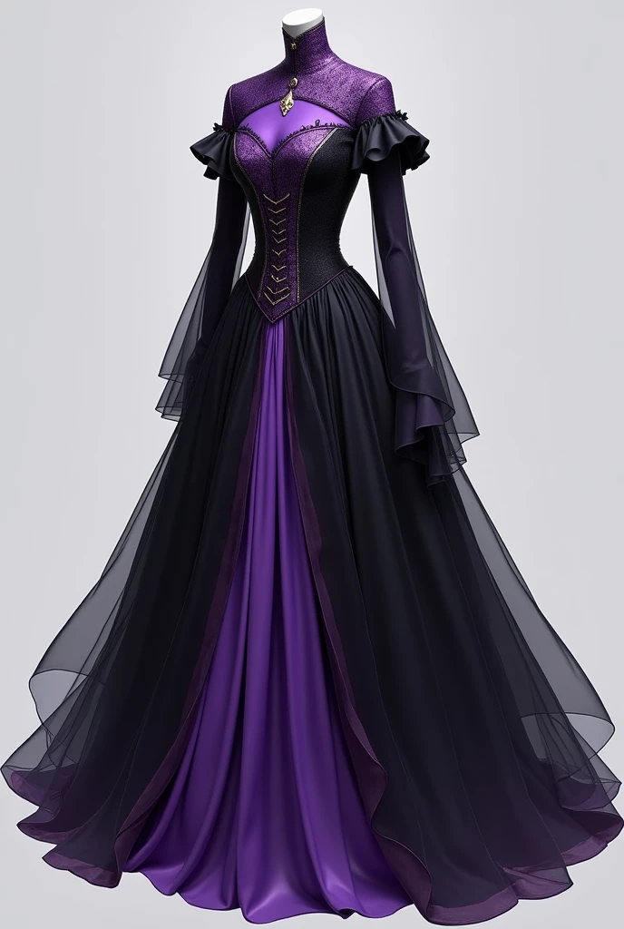 Long dress with frame fitted at the waist, black and purple, with shine and transparency in the upper fabric, manga curta, e design medieval