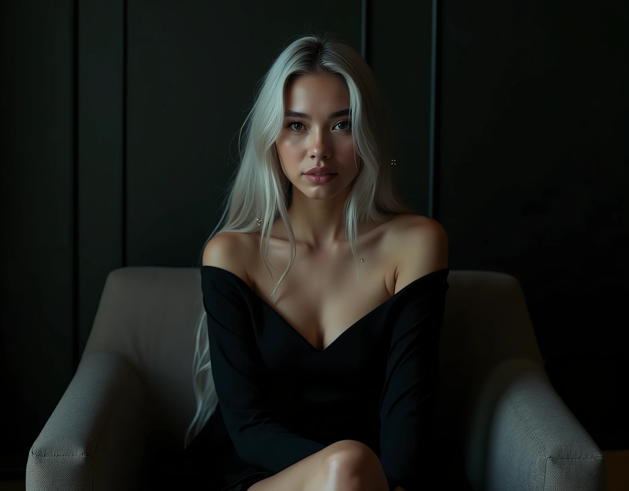 Girl sits elegantly on a modern soft chair, looks straight, Sits up straight, Against the background of a dark room, black off shoulder top, light gray long hair, good lighting, realistically, photo, This is a signature part of her image., often decorated with small silver pins and clips in the shape of stars and moons..
