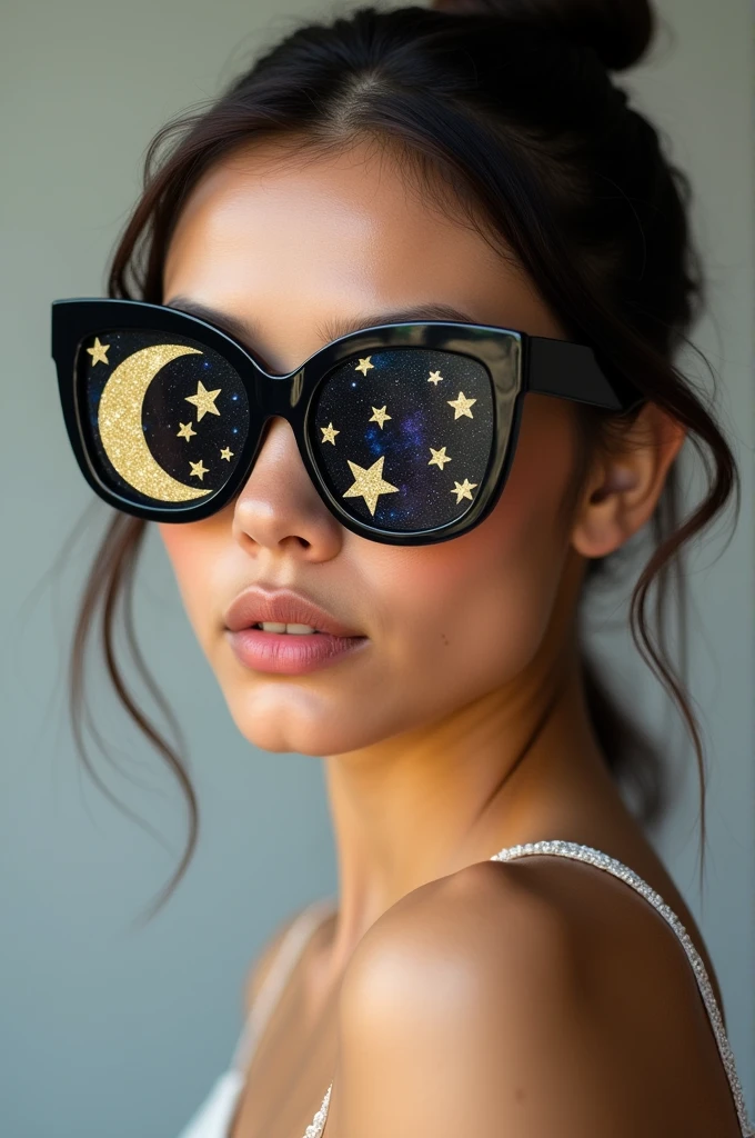 The model is wearing glass sunglasses with stars and the moon on the glass