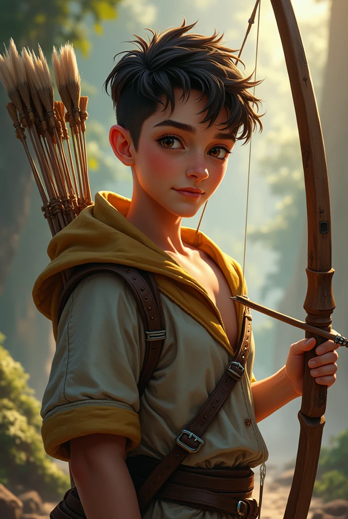 A young adult apprentice archer. Scrawny, Slender and smiling. Charming with a seductive gaze. His clothes fit perfectly to his bow