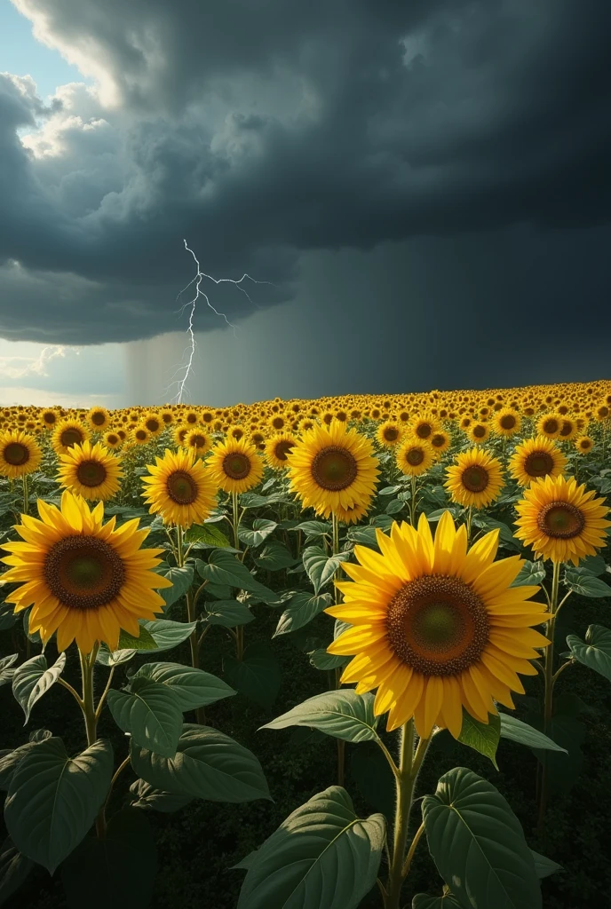 Wallpaper with a field of sunflowers during a thunderstorm without lightning. Sunflowers take up two thirds of the picture. realistic