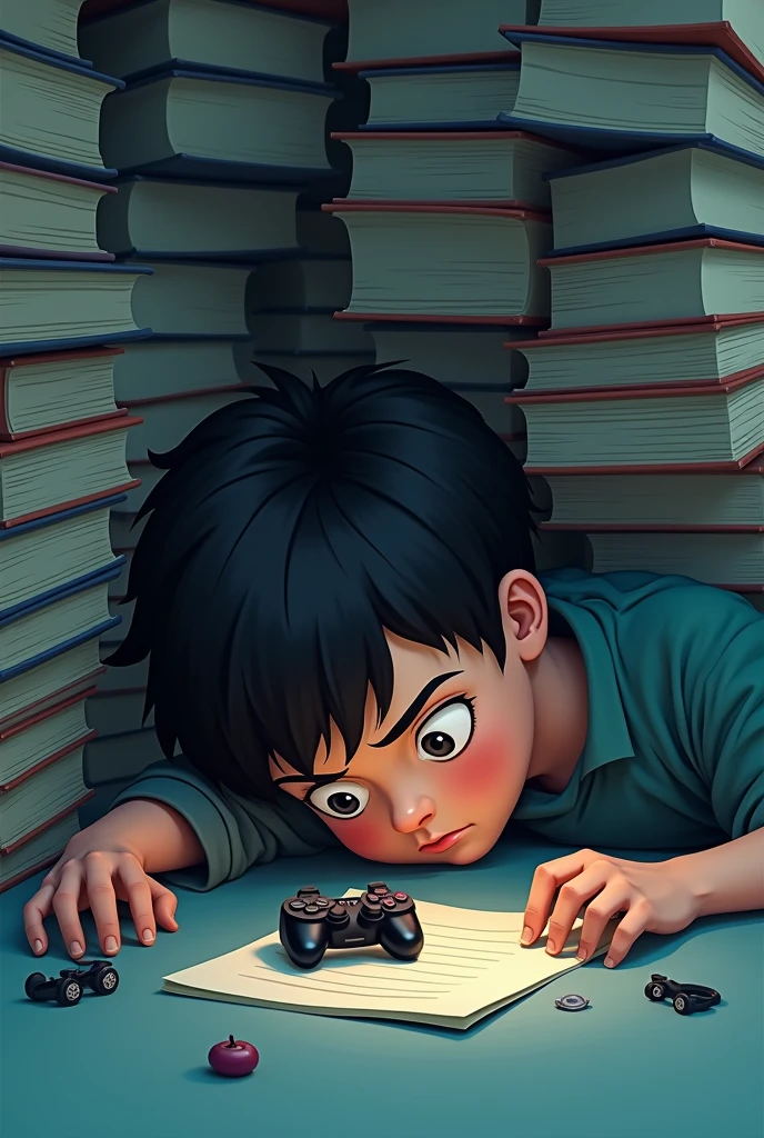 Make a  dp of a alone 18 year animated boy who is lying on the ground .His one hand is towards gaming accessories but he  couldn't reach it because he's Stranded under a bulk of books .