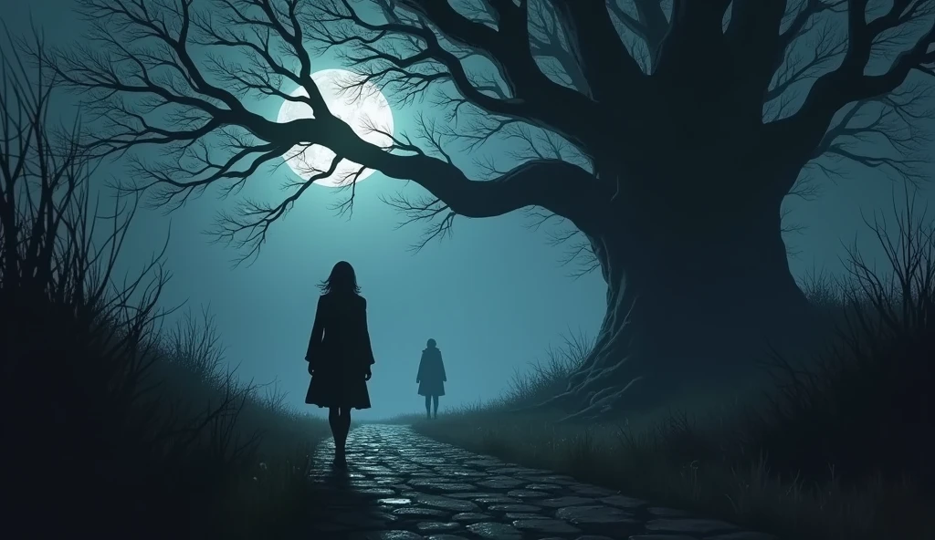 An adult woman attempting to walk up a sinister and ominous moonlit path leading to a huge tree, with the silhouette of a woman barely visible in the shadows waiting at the side of the huge tree on the path, atmosphere of fear and terror.