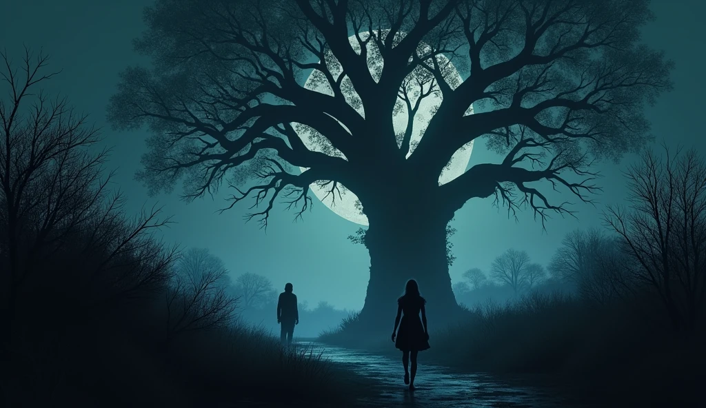 An adult woman attempting to walk up a sinister and ominous moonlit path leading to a huge tree, with the silhouette of a woman barely visible in the shadows waiting at the side of the huge tree on the path, atmosphere of fear and terror.