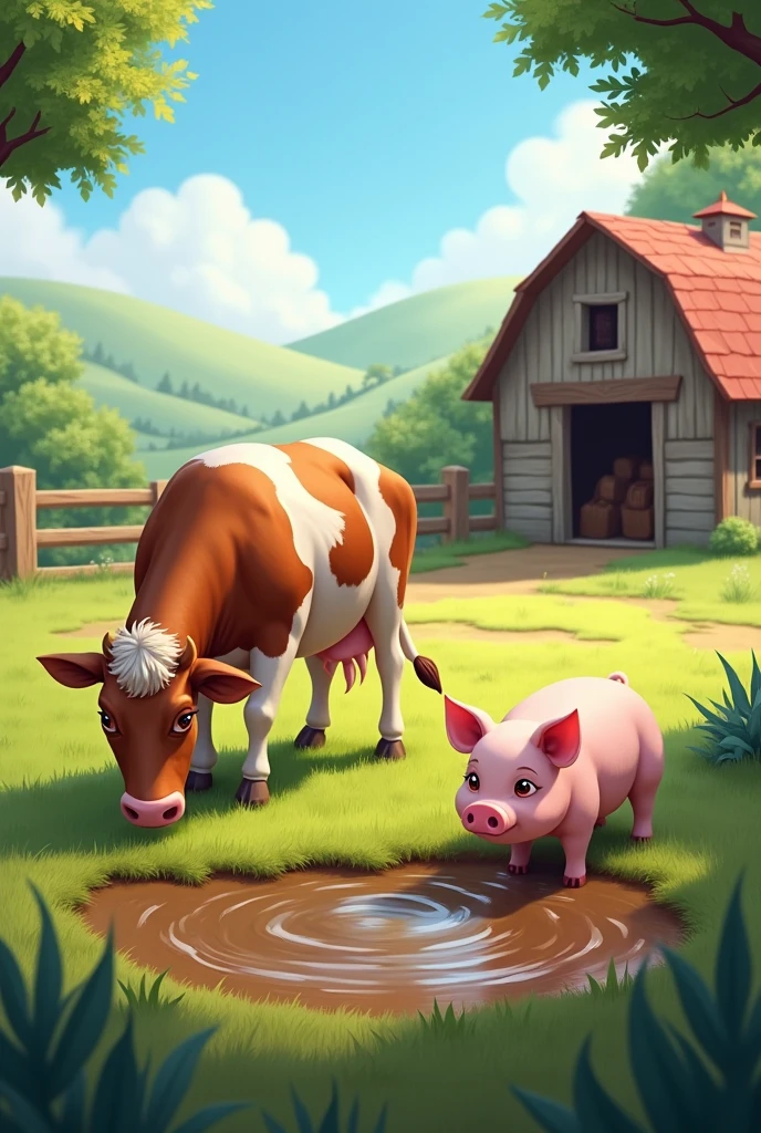 Cow eating grass and pig in mud on farm