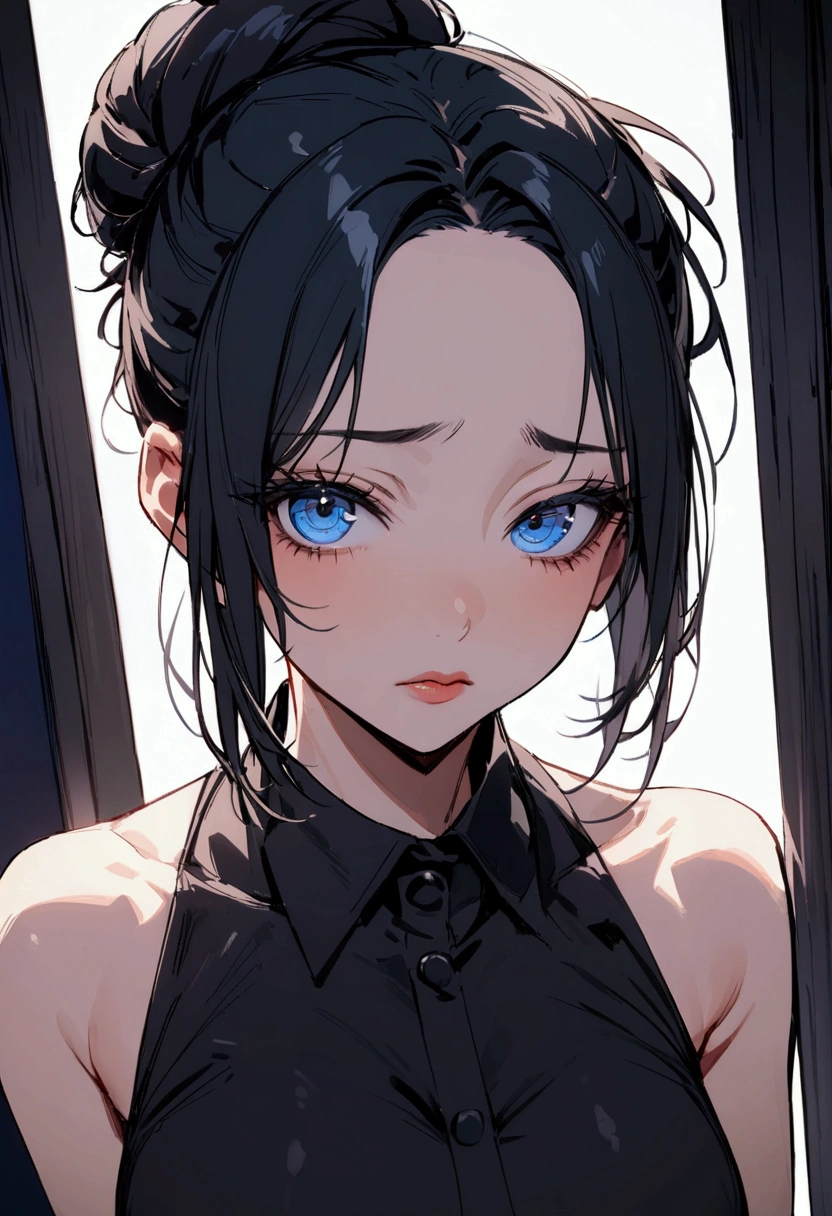 ", (masterpiece),"highest quality",, "detailed features" , "detailed eyes", "1girl" , "feminine build" , "blue eyes" , "diner uniform" , "full body, "dark diner background" , "lips slightly parted" , "long black hair tied in messy bun", "Apathetic and tired"  , "midnight" , "upper body"