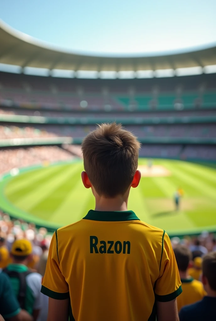 A 20 years old boy wearing Australia cricket jersey with name RAZON, watching live cricket in beautiful stadium, weaving Australia cricket flag, realistic picture show from backside , full of gallery, show full stadium and focus on the boy