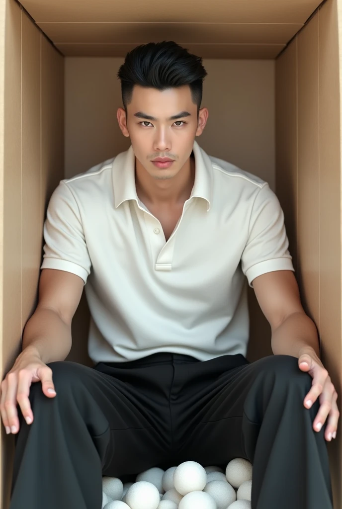 Imagine a handsome Korean man., Beautiful and realistic face, dressed in a white polo shirt and black loose trousers, sitting inside a cardboard box with polystyrene, realistic legs, whole body, Spreading your legs, the hair on the head is black, the lower part of the hair is shaved off to half the head