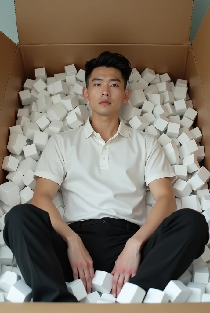 Imagine a handsome Korean man., Beautiful and realistic face, dressed in a white polo shirt and black loose trousers, sitting inside a cardboard box with polystyrene, realistic legs, whole body, Spreading your legs, the hair on the head is black, the lower part of the hair is shaved off to half the head