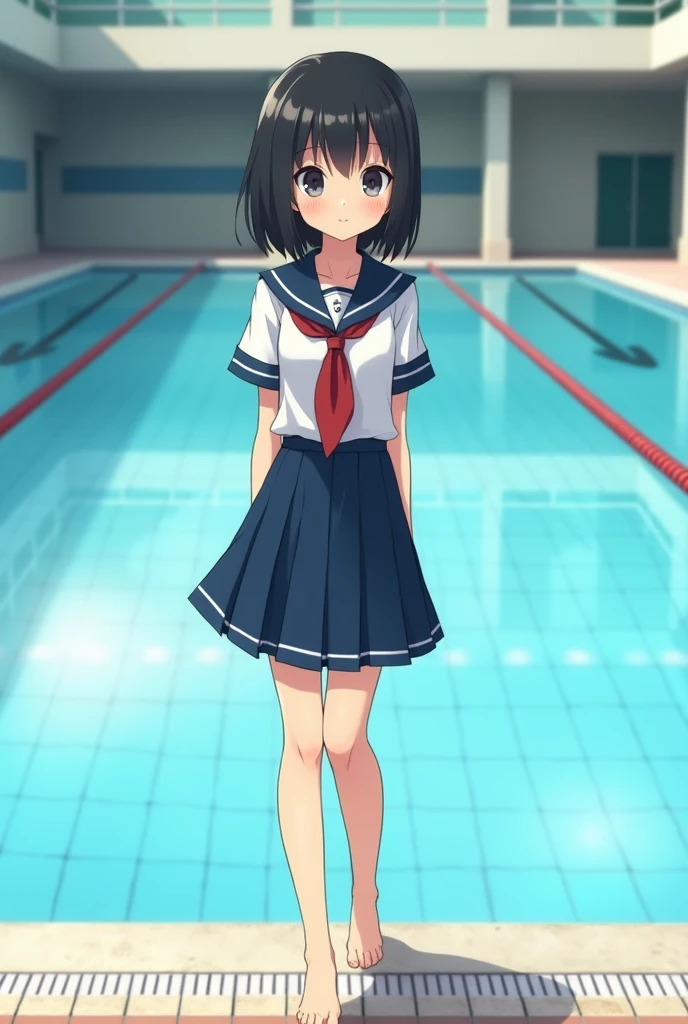 Standing by the empty school pool、middle School girls、Black short hair、uniform、skirt,Shaved pussy、barefoot、cute、smile、Full body portrait