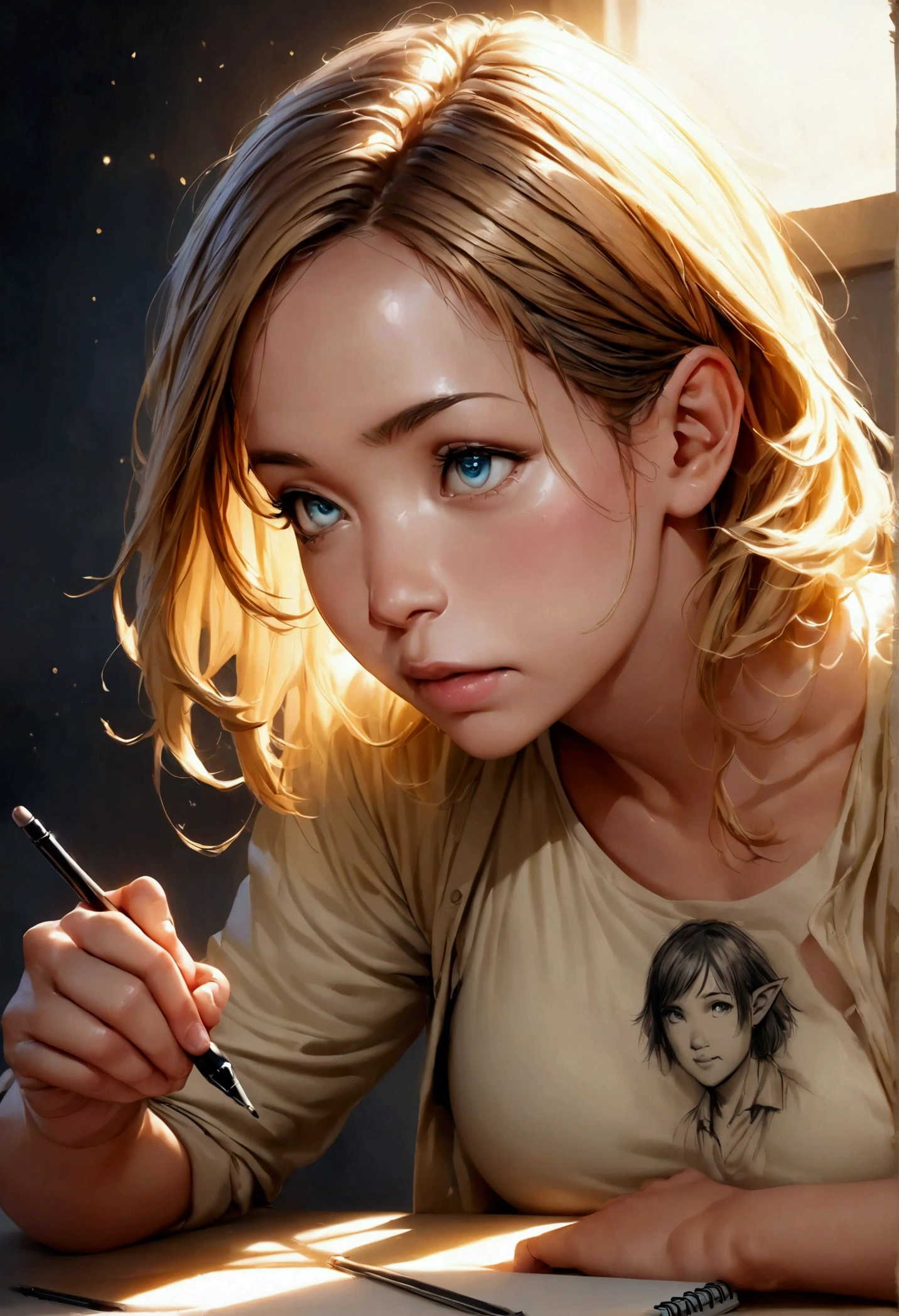 Sketchbook page with elf drawing, now fully illuminated by golden light. The elf's eyes blink open, his head turning slightly. Artist's hand visible, dropping pencil in shock. Photorealistic style with dynamic magical effects.
